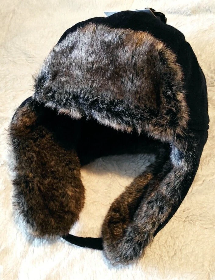 M S Mens TRAPPER HAT Thinsulate black SIZE L faux Fur NEW