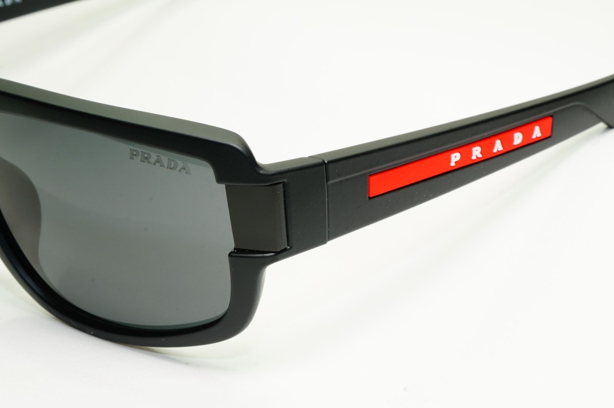 Prada Sunglasses Black Rectangle Rubber Red Stripe Sport PS03WFS