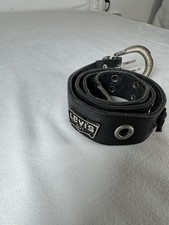Vintage Levi  s 501 Black Leather Belt Silver Tone Buckle And Levi Tags Studded