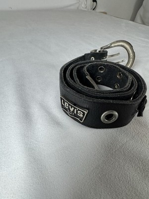Vintage Levi s 501 Black Leather Belt Silver Tone Buckle And Levi Tags Studded