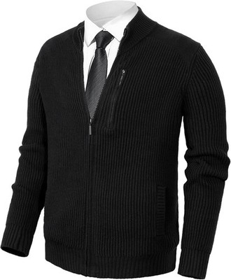Men's Zip Up Cardigan Sweater Slim Fit Stand Collar Knit Jacket with Pockets
