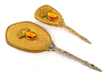 Vintage Vanity Set Hand Mirror & Brush Faceted Oval Rhinestone Victorian Revival