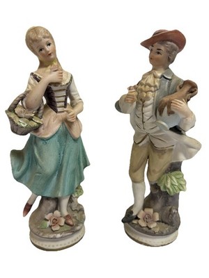 Vintage Porcelain Couple Figurines Man Woman Flowers Basket Rococo Style Pair 