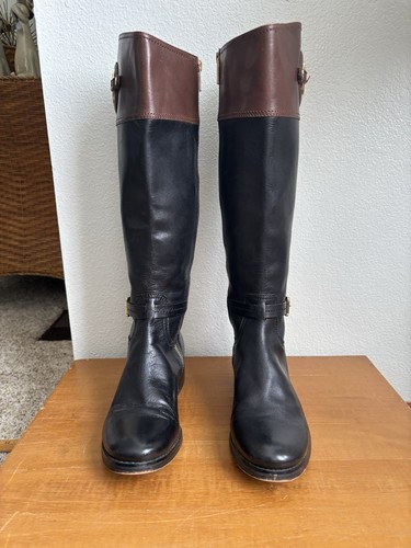 Michael Kors Tall Riding Boots Brown Black Gold Medallion High Leather Women 8 M - Picture 10 of 19