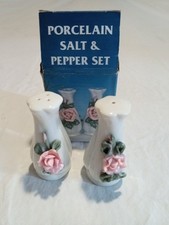 New Vintage Pink Rose Flower Floral Porcelain Salt and Pepper Shakers in Box