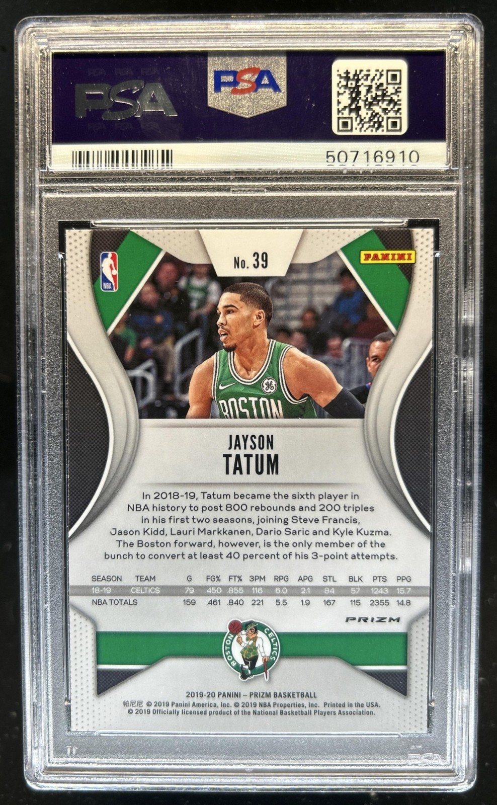 2019-20 Panini Prizm Jayson Tatum Prizm Silver #39 Celtics PSA 10 GEM MINT view 2