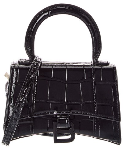 Balenciaga Hourglass Mini Croc-Embossed Leather Shoulder Bag Women's Black