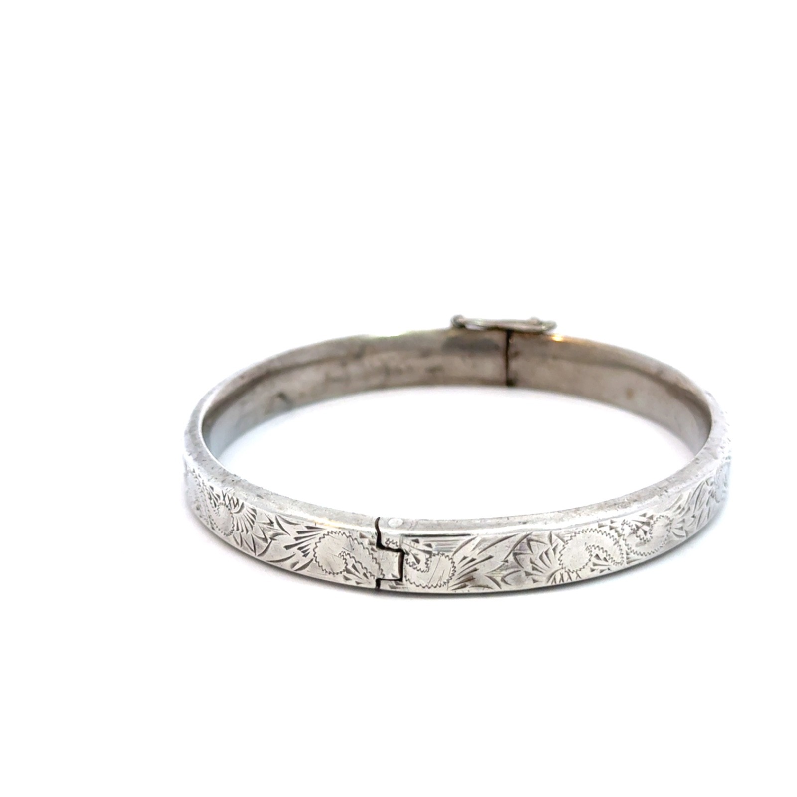 Vintage Silver Floral Engraved Hinged Bangle Bracelet Antique Design size 7 1/4
