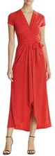 Michael Kors Women’s Vibrant Red V-Neck Wrap High Low Midi Dress Size 6 Stretch