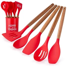 Non-Stick Silicone & Acacia Wood 5-Piece Cooking Utensil Set with Holder