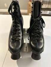 VINTAGE ROLLER DERBY INDOOR MEN'S BLACK LEATHER ROLLER SKATES WHITE WHEELS 6