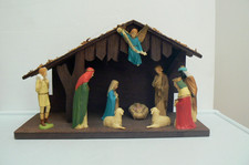 1960s 10 Pc Nativity Set By Art Plastics Hong Kong Moss Covered Wood Barn Boxed