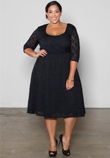 Plus Size Dress Lace Short Sleeve Scoop Neck 1X 2X Elastic Waist SWAK Black