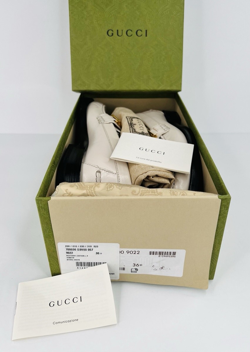 Gucci Logo Plaque Quentin Mystic White Women Moccasin Loafers Size