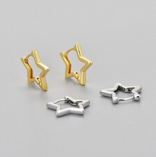 Women 925 Sterling Silver Gold Plated Huggie Hoop Plain Star Earrings Gift TH6