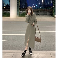 Korean women high waist long sleeve Suit dress suit + split skirt casual 