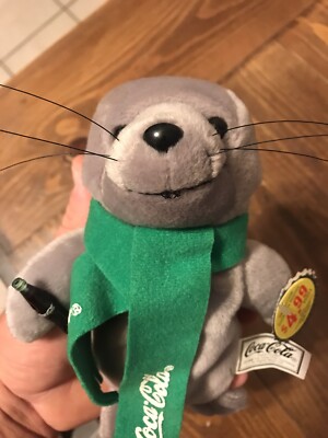 Vintage NWT 1998 Coca Cola Gray Seal With Green Scarf Plush Toy