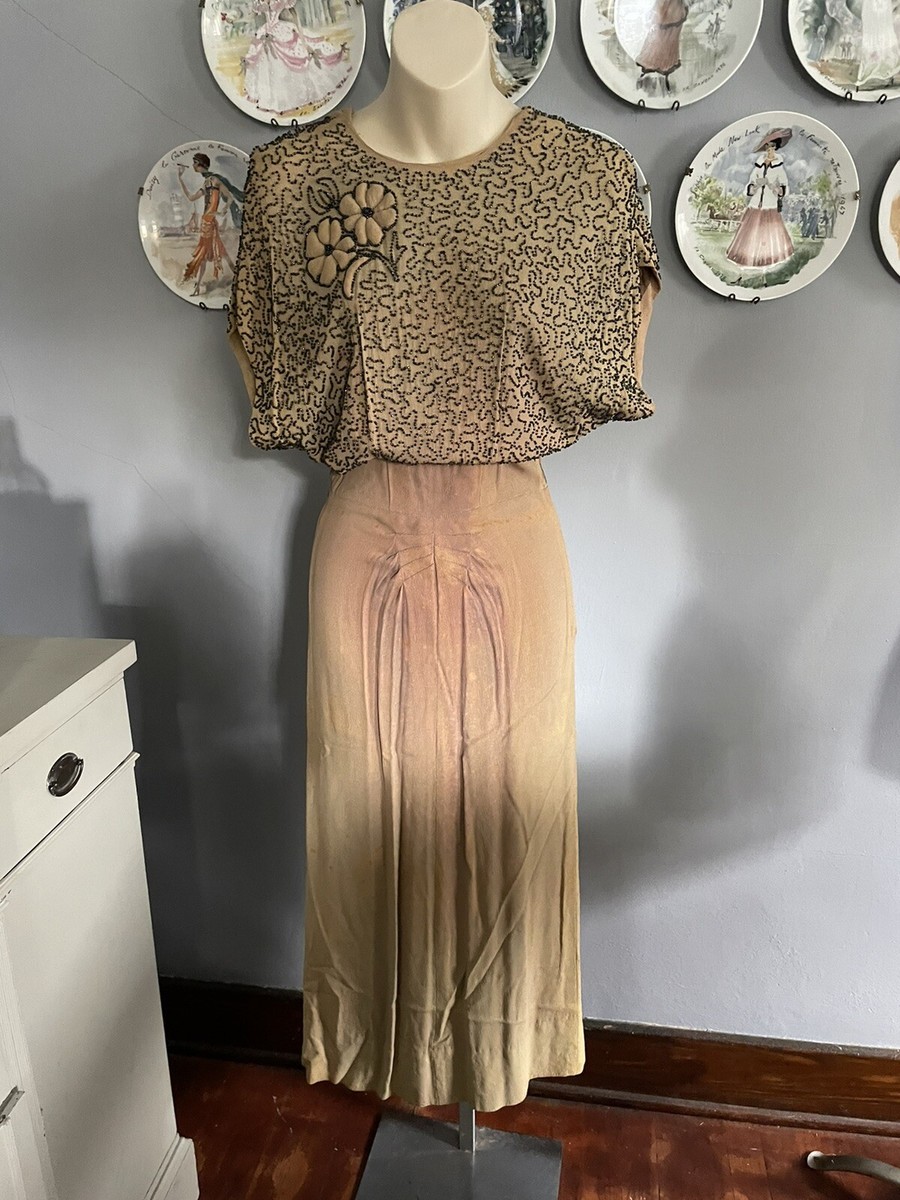 1930s beaded dress Black 1930's Silk Velvet Beaded Bias Cut Gown With Scalloped Sleeves / Xtabay Vintage