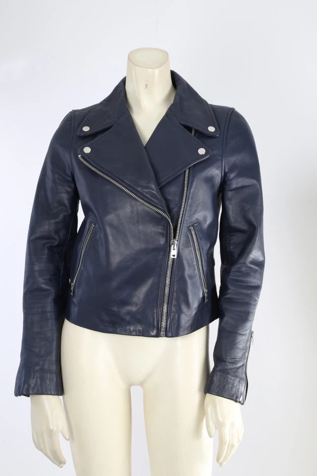 J. Chaqueta de moto CREW Collection cuero azul marino con cremallera talla 2 Foto 2 de 4