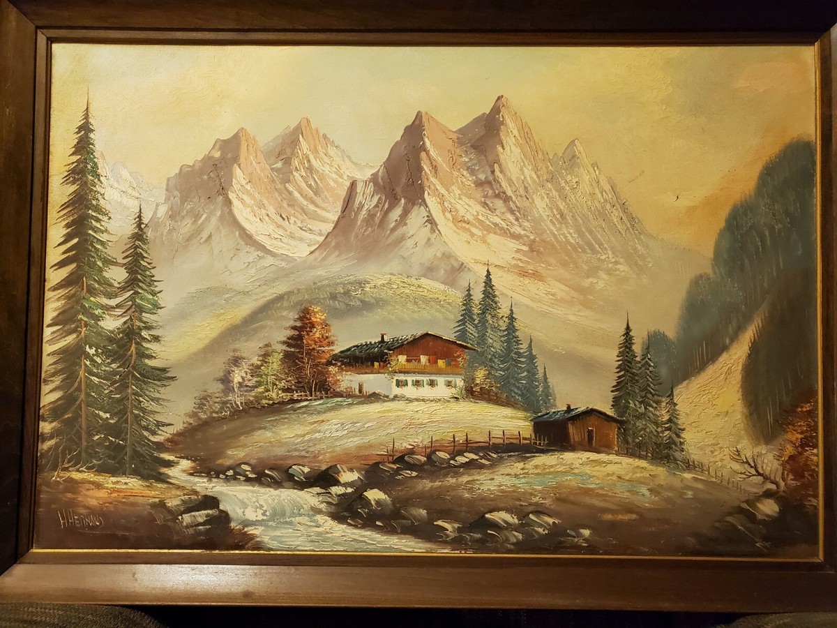 40s 50s バンビ ＆ サンバー ビンテージ 絵画 W.D.P. Vintage Mid 20th Century 1950s Original Framed Alpine Painting