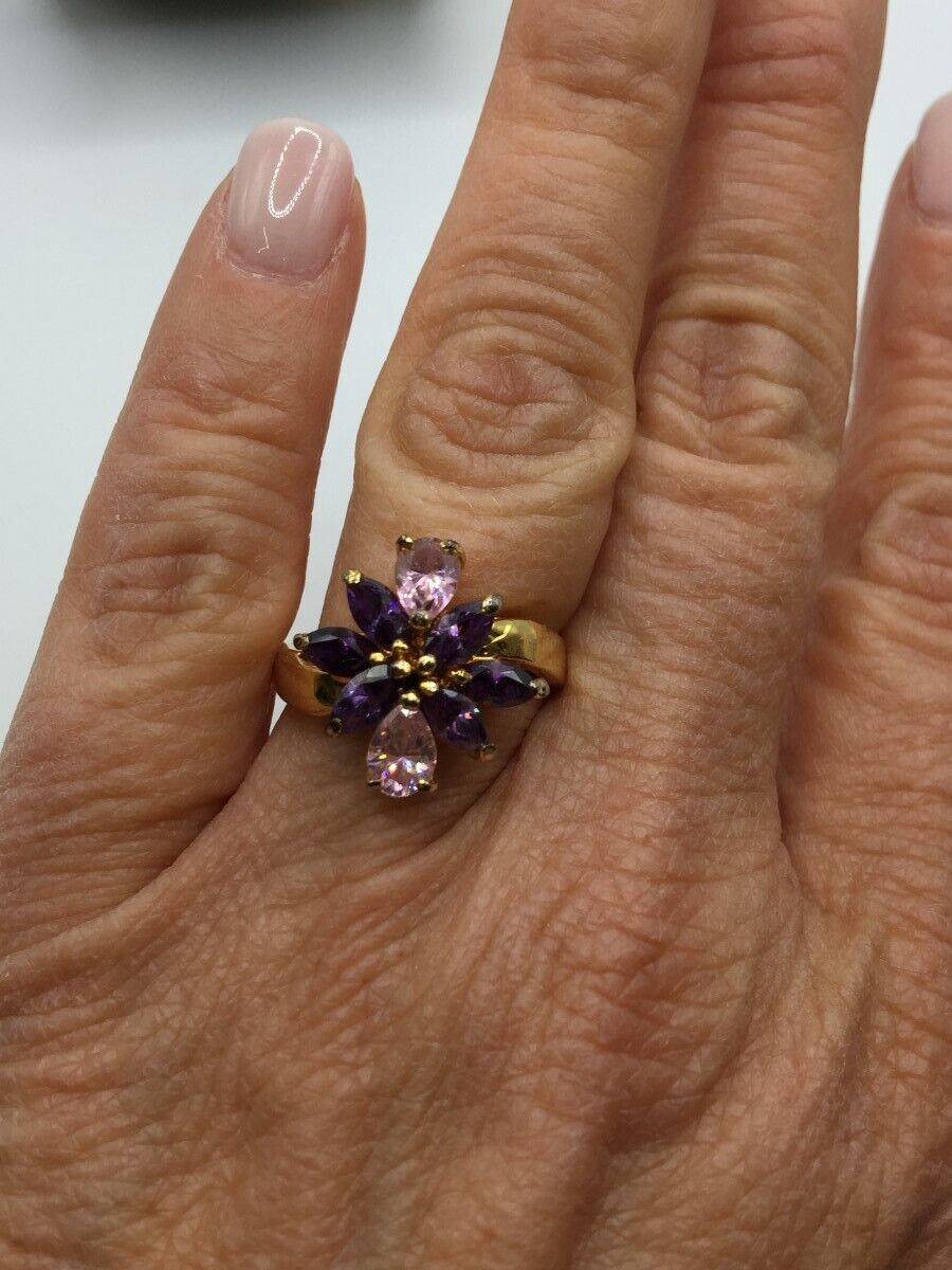 VINTAGE EDCO 14K HGE PURPLE & PINK RHINESTONE RING VINTAGE EDCO 14K HGE PURPLE & PINK RHINESTONE RING