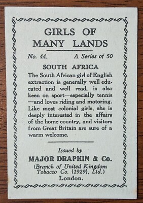 cigarette lands 1929 Major Drapkin & Co Cigarette Card - Girls Of Many Lands #44 South  Africa