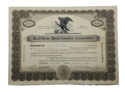 1929 Wolff-Heide Photo-Chemical Stock Certificate #6 Issued To John A. McCarthy