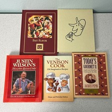 Lot of 5 Mixed Assorted Cookbooks Jacques Pepin Justin Wilson Venison Fog City