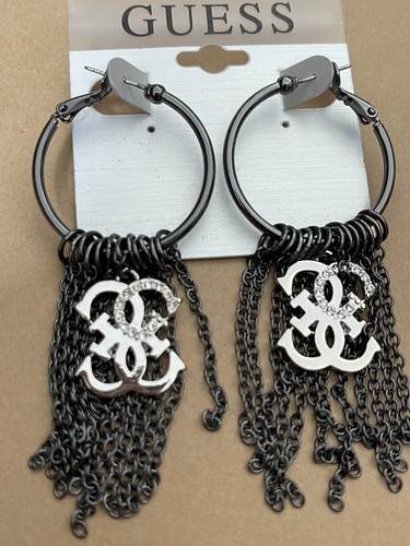 Guess Hoop Earrings Dark Silvertone Black Brand New - Picture 2 of 3