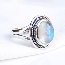 Natural Moonstone Ring Solid 925 Sterling Silver Rainbow Moonstone Ring-R254