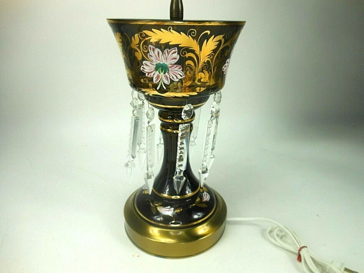 Vintage Mantle Luster Lamp w Hand Painted Details Cut Glass Prisms