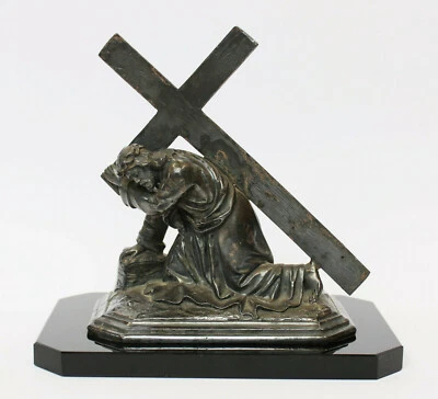 Figur Jesus Christus fällt unter dem Kreuz Régule versilbert Onyxplatte um 1880 - Bild 1 von 4
