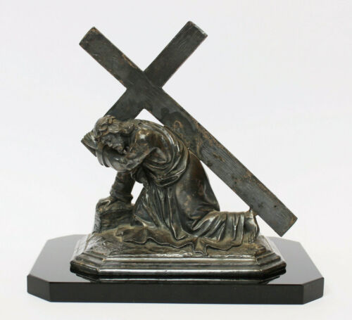 Figurine Jésus-Christ tombe sous la croix règle argentée plaque d'onyx vers 1880 - Photo 1/5