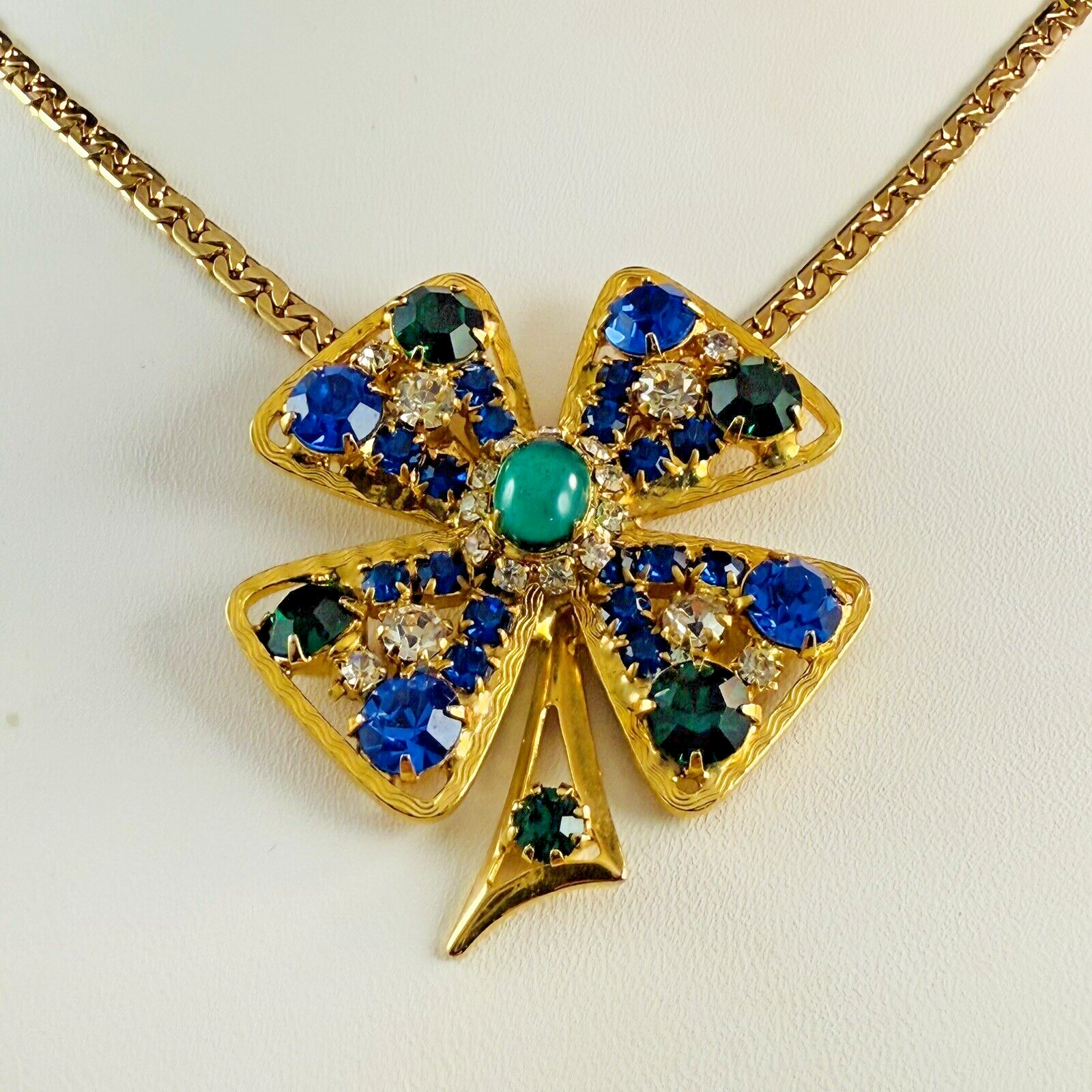 Vintage Green Blue Rhinestone Cabochon Gold Shamrock Pendant Necklace