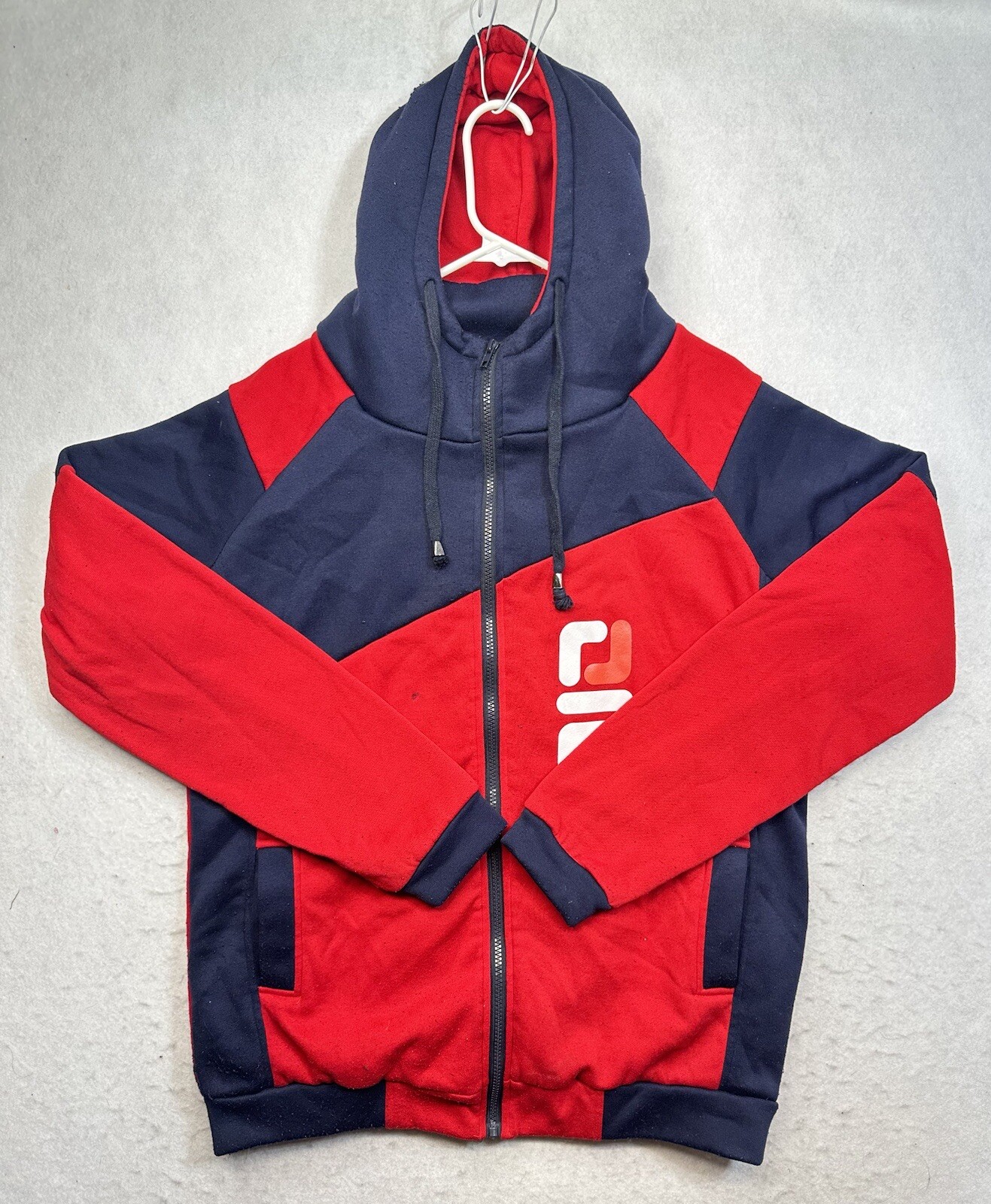 FILA Felpa con cappuccio da uomo doppia cerniera completa blu rossa a maniche lunghe taglia L