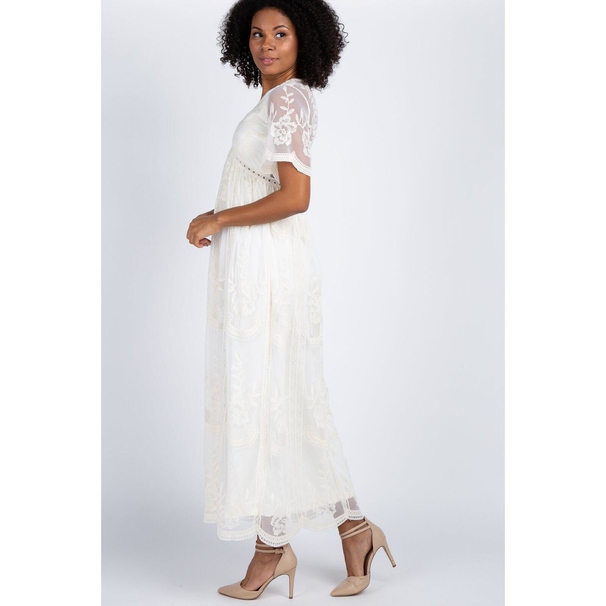 PinkBlush Cream Lace Mesh Overlay Maxi Maternity Dress NWT