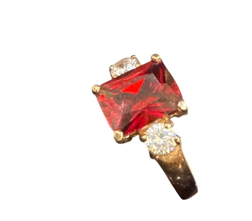 Gold Ring With Rectangular Red Gemstone & Two Whi… - image 3