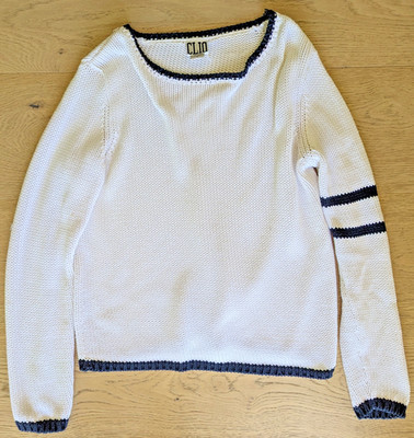 CLIO White Knit Sweater with Navy Stripes   Women s Size M, Acrylic Cotton Blend