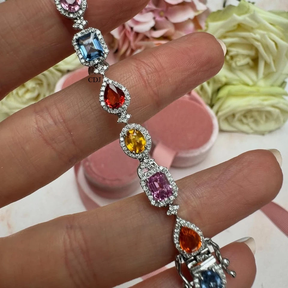 Regalo Aniversario 4 Him Multi Zafiro Creado Laboratorio Diamante Brazalete Gratis Stud 925 Foto 3 de 4