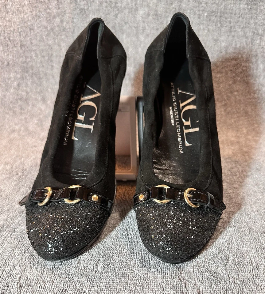NWOB AGL Monika Black Glitter Cap Toe/ Suede Leather Ballet Flats Size 37.5 - Image 2 of 4