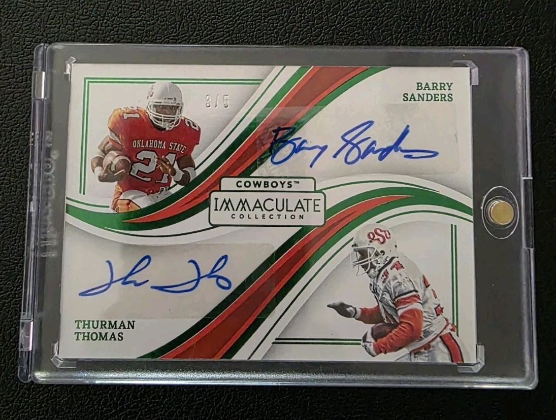 2023 Immaculate Green #ID-BT Barry Sanders and Thurman Thomas DUAL AUTO 3/5