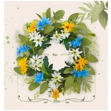 Summer Wreath 20inch Floral Door Wreath with Blue, Yellow, and White Flowers