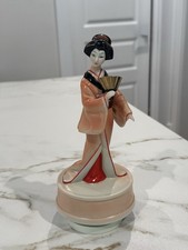 Vintage Porcelain Geisha Girl with Fan Rotating Music Box Maruho-Japan, works