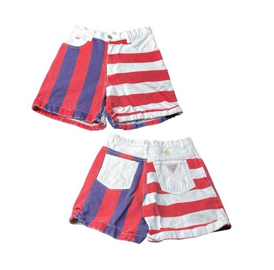 Vintage 90 s Guess Kids Big Stripes Denim Shorts Youth Girls Size 12 Made In USA