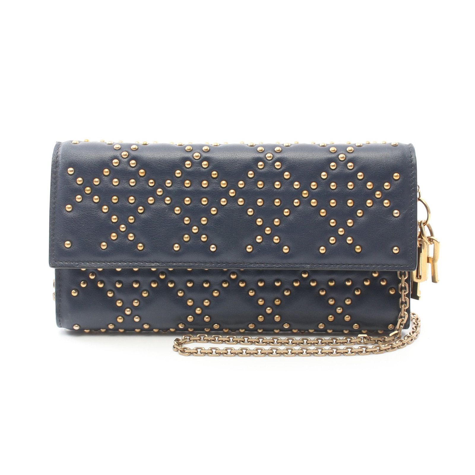 Dior Cannage Navy Leather Chain Wallet with Studs Bifold-image