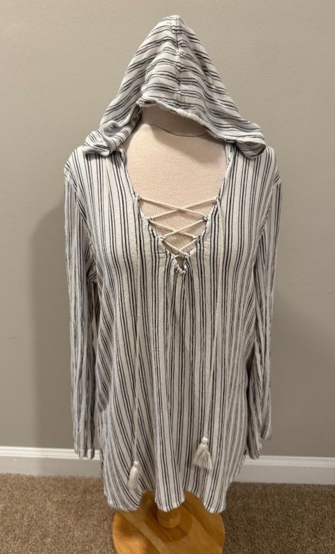 Womens Medium Large Billabong Striped Hooded Tunic Blouse Long Sleeve Lace Up