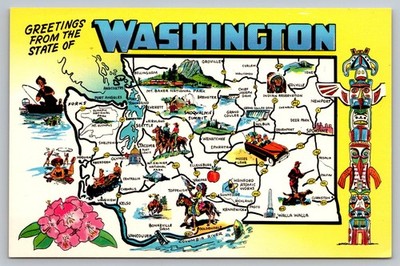 POSTCARD Greetings from State of Washington Vintage Map Card