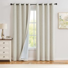 Beige Solid Full Blackout Curtain Heavy Linen Texture Window Treatment for Be...