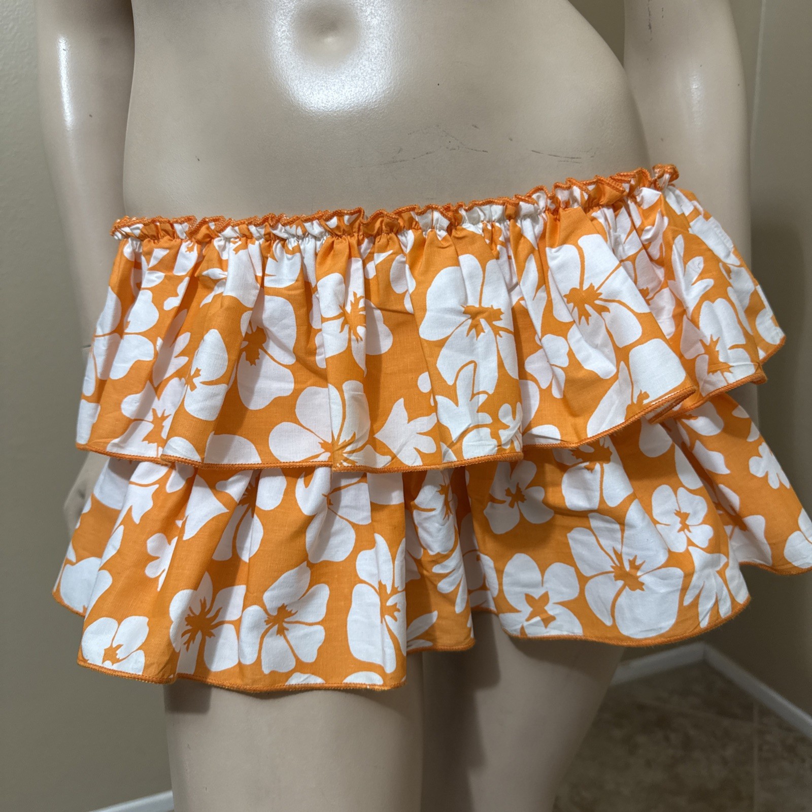 Women’s Orange White Floral Cotton Casual Summer Stretch Flared Size M Skirt