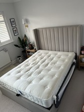 Dusk Madison Stone Grey Linen Fabric King Size Storage Bed w/ Hypnos Mattress